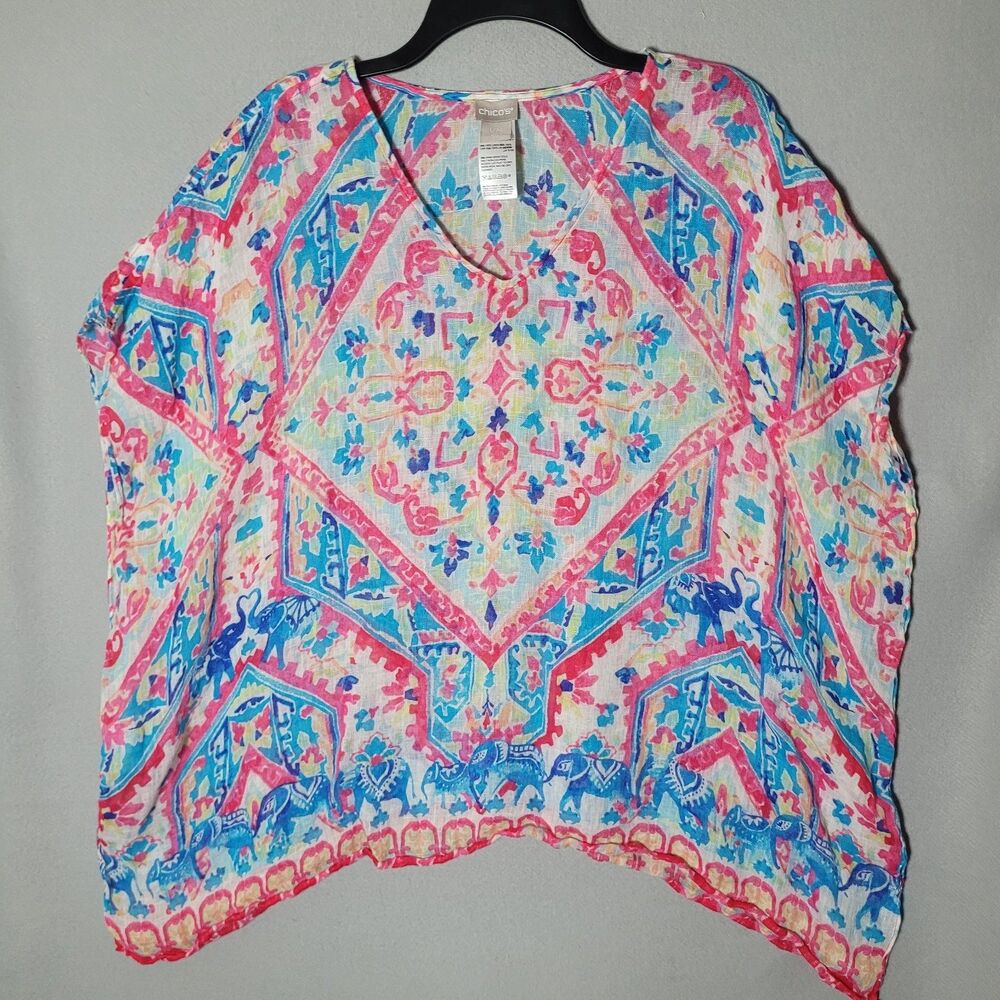 Chicos Kimono Top Womens L/XL Colorful Linen Boho Floral Patchwork Beachy Shirt